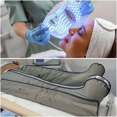 PODCIŚNIENIOWY MASAŻ NÓG + ŚWIATŁOTERAPIA TWARZY: relaks, regeneracja i naturalny blask skóry.